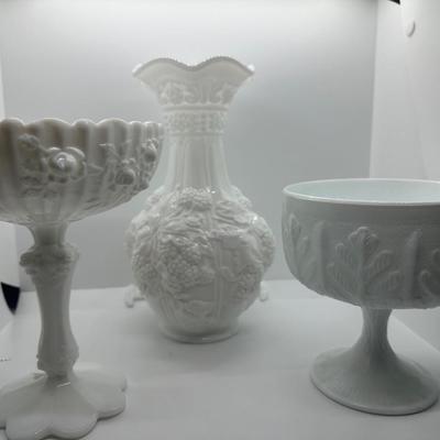 Two (2) Milk Glass Compote Candy Dish Bowls & (1) Vase