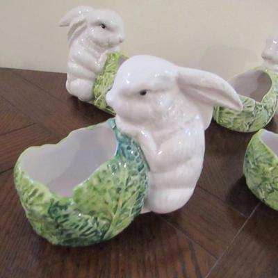 Set of Four Vintage, Hand Painted, Glazed Ceramic Rabbit Themed Sauce/Condiment Bowls- Made in Italy