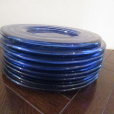 Set of Eight Blue Glass Round Plates- Approx 8 Inches in Diameter