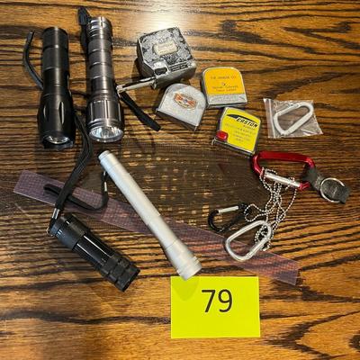 Miscellaneous lot measuring tapes flashlights + more