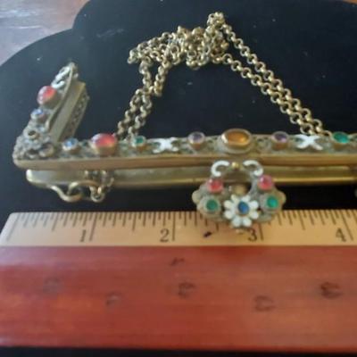 Antique Brass Glass Jeweled Purse Frame
