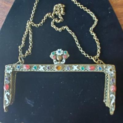 Antique Brass Glass Jeweled Purse Frame