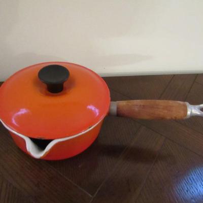 Le Creuset Covered Saucepan with Spout and Wooden Handle Size 14- Approx 5 1/2