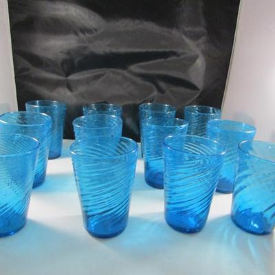 Set of Twelve Hand Blown Art Glass Drinking Glasses- Blue with Swirl Design- Approx 5