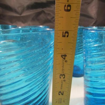Set of Twelve Hand Blown Art Glass Drinking Glasses- Blue with Swirl Design- Approx 5