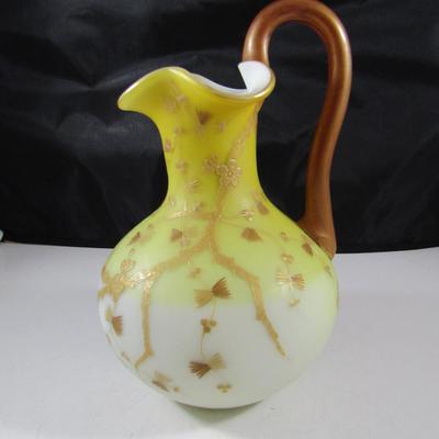 Bohemian Glass Pitcher with Applied Reed Handle and Gilt Detail Accents- Approx 7 1/2