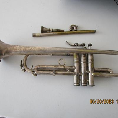#49 Vintage Conn Trumpet, silver tone, with case, needs repair