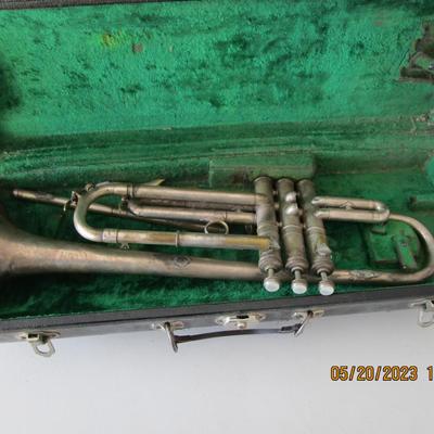 #49 Vintage Conn Trumpet, silver tone, with case, needs repair