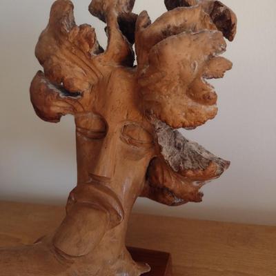 Carved Parasite Wood Tribal Bust on Wood Base