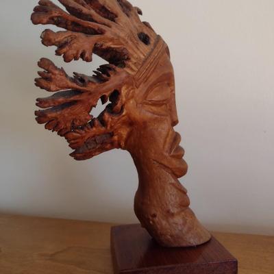 Carved Parasite Wood Tribal Bust on Wood Base-B
