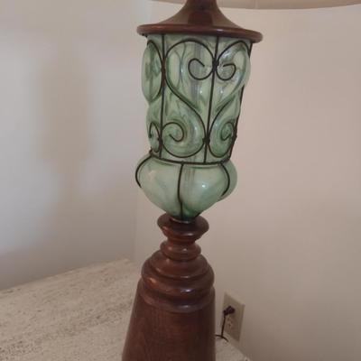 Mid Century Blown Shaped Glass Table Lamp with Wood Turned Base and Decorative Wrought Metal Accent--A