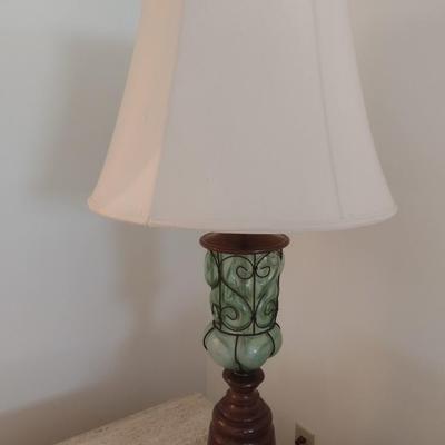 Mid Century Blown Shaped Glass Table Lamp with Wood Turned Base and Decorative Wrought Metal Accent--A