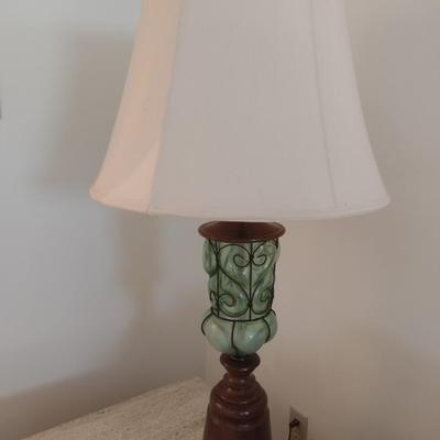 Mid Century Blown Shaped Glass Table Lamp with Wood Turned Base and Decorative Wrought Metal Accent--B