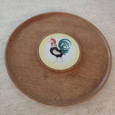 Vintage Cal-Pacific Original Design Wood Serving Tray with Ceramic Rooster Center Trivet