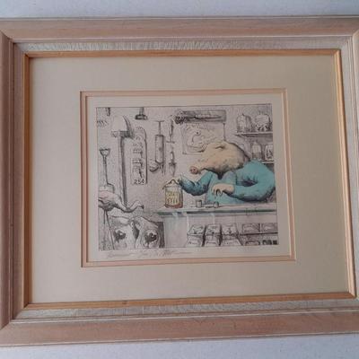 "Farmicist" signed numbered and framed art 71/100 Bo Steck? Pharmacist Pharmacy pig
