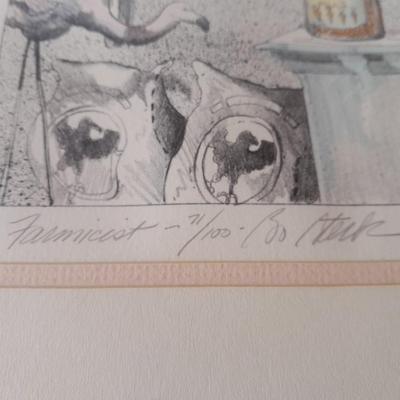 "Farmicist" signed numbered and framed art 71/100 Bo Steck? Pharmacist Pharmacy pig