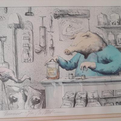 "Farmicist" signed numbered and framed art 71/100 Bo Steck? Pharmacist Pharmacy pig