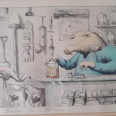 "Farmicist" signed numbered and framed art 71/100 Bo Steck? Pharmacist Pharmacy pig