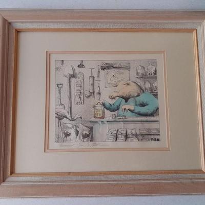 "Farmicist" signed numbered and framed art 71/100 Bo Steck? Pharmacist Pharmacy pig
