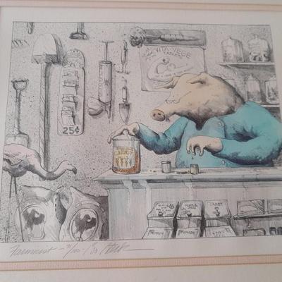 "Farmicist" signed numbered and framed art 71/100 Bo Steck? Pharmacist Pharmacy pig