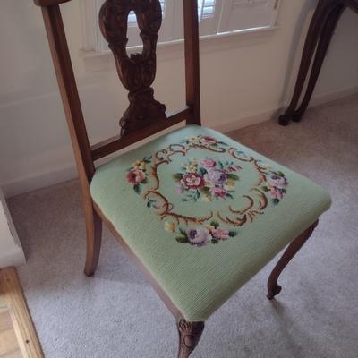 Vintage Wood Frame Needlepoint Cushion Seat Sitting Chair-A