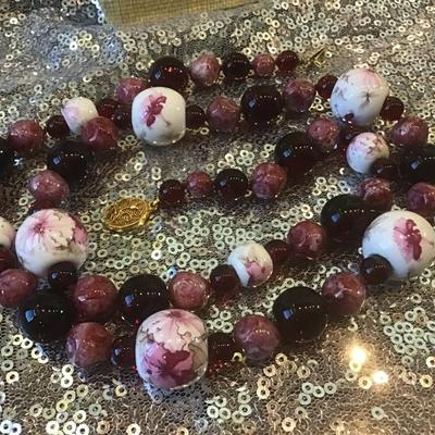 Vintage Knotted Red Purple Garnet  Color With Porcelain Flower Bead Necklace 26â€