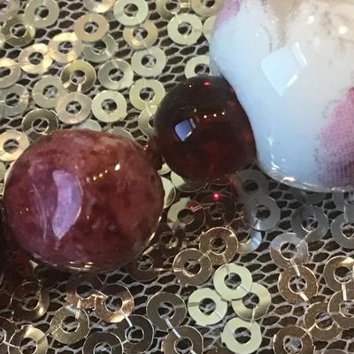 Vintage Knotted Red Purple Garnet  Color With Porcelain Flower Bead Necklace 26â€