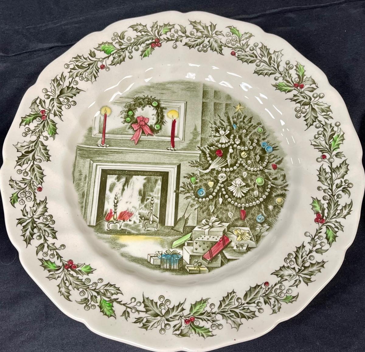 2 Johnson Bros. Merry Christmas Tree Dinner Plate Genuine Hand Engraving Crafted in England