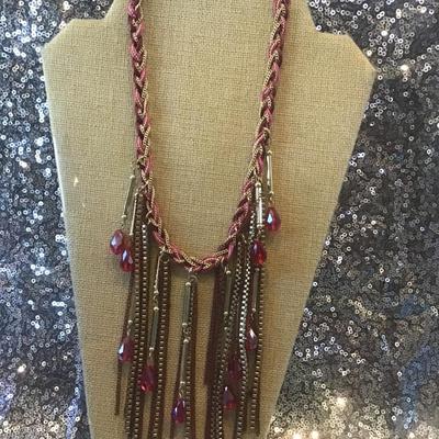 Red Glass Bead Gold Tones Statement Necklace
