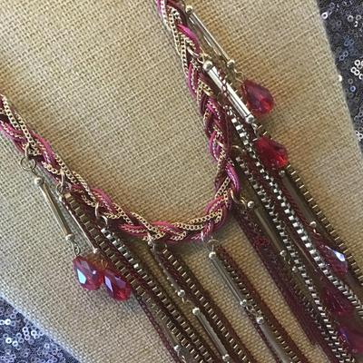 Red Glass Bead Gold Tones Statement Necklace