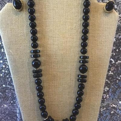 Art Deco style blackbeaded necklace with Vintage Clip on Glass or stone earrings