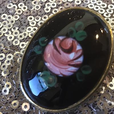 Vintage Art Deco Goldtone Guilloche   Flower Rose Brooch Pin porcelain