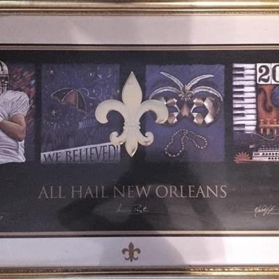 Saints Super Bowl Win Triple Signed MVP Serilith (398/500) Signed By Drew Brees, Sean Payton and Michael Hunt (Artist) Gold Ink