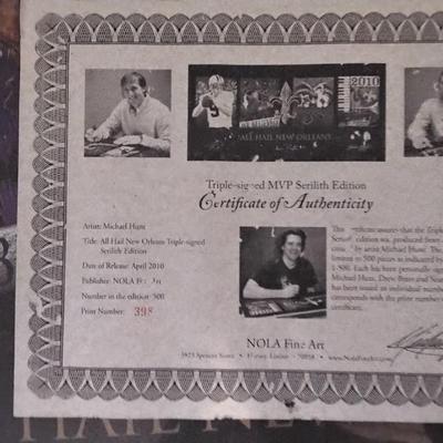 Saints Super Bowl Win Triple Signed MVP Serilith (398/500) Signed By Drew Brees, Sean Payton and Michael Hunt (Artist) Gold Ink