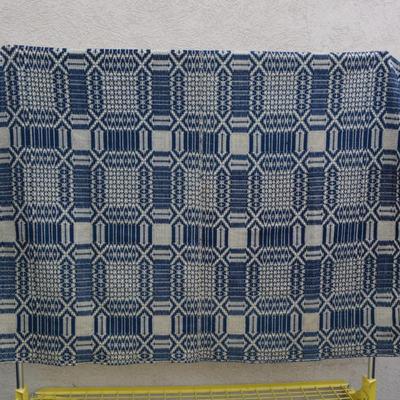 Mid 1800's Antique Blue & White Jacquard Wool Throw/Coverlet/Wall Hanging