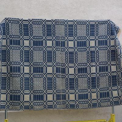 Mid 1800's Antique Blue & White Jacquard Wool Throw/Coverlet/Wall Hanging