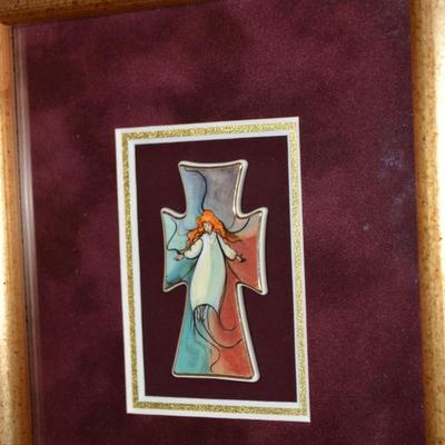 P. Buckley Moss Framed/Matted Angel Cross Pin/Pendant