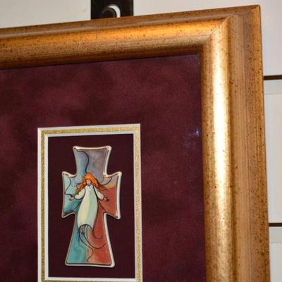 P. Buckley Moss Framed/Matted Angel Cross Pin/Pendant