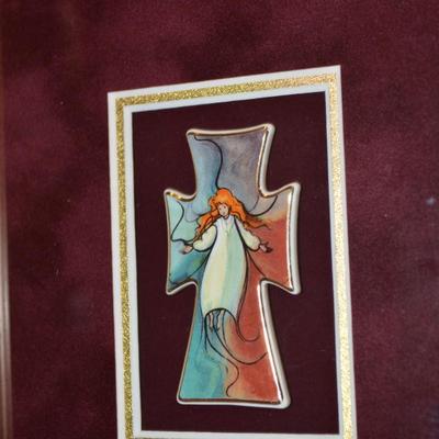 P. Buckley Moss Framed/Matted Angel Cross Pin/Pendant