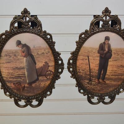 Pair of Vintage Ornate Oval Curved Glass Metal Frames w/ "The Angelus" Prints - AS IS