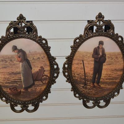 Pair of Vintage Ornate Oval Curved Glass Metal Frames w/ "The Angelus" Prints - AS IS