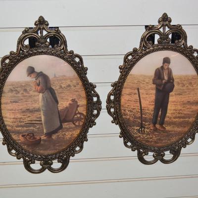Pair of Vintage Ornate Oval Curved Glass Metal Frames w/ "The Angelus" Prints - AS IS