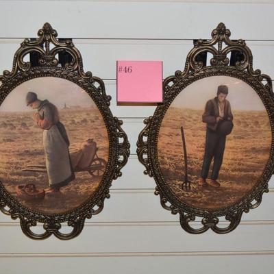 Pair of Vintage Ornate Oval Curved Glass Metal Frames w/ "The Angelus" Prints - AS IS