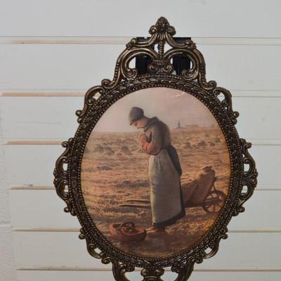 Pair of Vintage Ornate Oval Curved Glass Metal Frames w/ "The Angelus" Prints - AS IS
