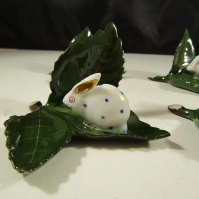 Set of Eight Herend Hungary Place Card Holders- Rabbits with Pink and Blue Polka Dots on Leaves