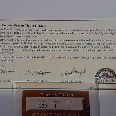 Colorado Rockies Cased commemorative Season ticket cased wooden baseball land two collectible pins