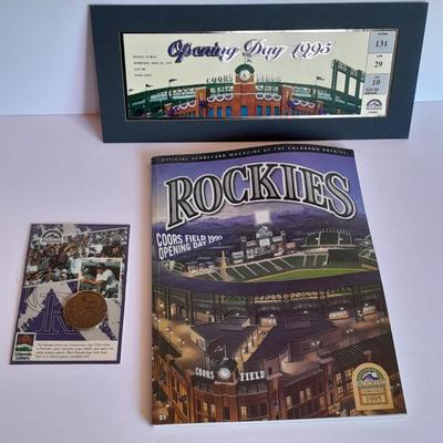 Colorado Rockies Opening Day 1995 Rockies vs Mets matted ticket with scorecard magazine and 1996 Coin