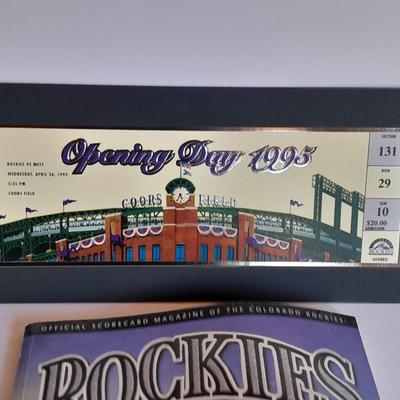 Colorado Rockies Opening Day 1995 Rockies vs Mets matted ticket with scorecard magazine and 1996 Coin