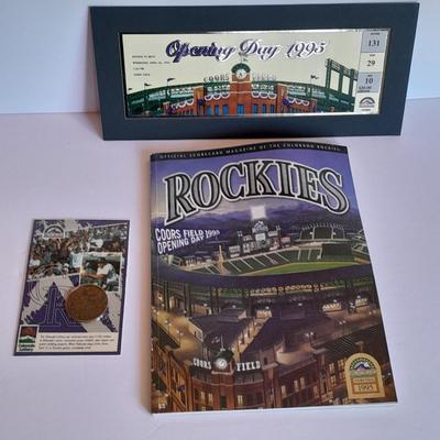 Colorado Rockies Opening Day 1995 Rockies vs Mets matted ticket with scorecard magazine and 1996 Coin