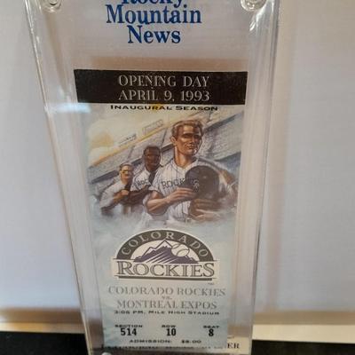 Colorado Rockies cased ticket stub, collectible pins and 1993 Inaugural Year black ball